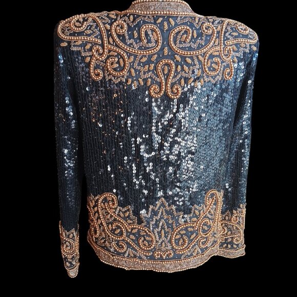 Small Vintage Bolero Jacket Black Gold Beaded Sequin Embroidery Patra - Picture 11 of 15